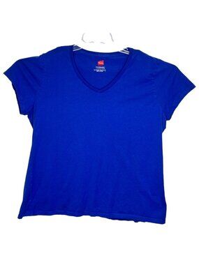 Hanes Womens Blue V-Neck T-Shirt 2X-Large Cotton Blend Short Sleeve Made In Hond